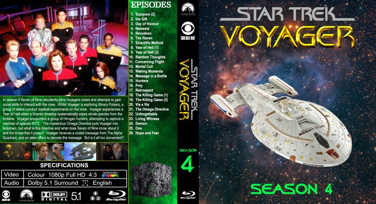 Click to view full size image
==============
Star Trek Voyager - Season 4 Custom Blu-ray Cover
If, like me, you grew tired of waiting for Paramount to release Star Trek Voyager on bluray, and upscaled your DVD's, then here is a set of bluray covers for them. Seven seasons - seven colours of the rainbow. I found a nifty little app that lets you select a wavelength of the visible spectrum, and then spits out the hex colour code for it. Made using GIMP.
Star Trek Voyager - Season 4 Custom Blu-ray Cover
If, like me, you grew tired of waiting for Paramount to release Star Trek Voyager on bluray, and upscaled your DVD's, then here is a set of bluray covers for them. Seven seasons - seven colours of the rainbow. I found a nifty little app that lets you select a wavelength of the visible spectrum, and then spits out the hex colour code for it. Made using GIMP.