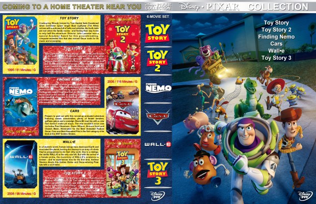 Click to view full size image
==============
Disney • Pixar Collection Custom DVD Cover
requested by Rubicon83
My spacesaver cover for the following Disney • Pixar movies:
Toy Story
Toy Story 2
Finding Nemo
Cars
Wall•e
Toy Story 3
Please have the courtesy to leave a comment if you download this - THANKS :)
Disney • Pixar Collection Custom DVD Cover
requested by Rubicon83
My spacesaver cover for the following Disney • Pixar movies:
Toy Story
Toy Story 2
Finding Nemo
Cars
Wall•e
Toy Story 3
Please have the courtesy to leave a comment if you download this - THANKS :)