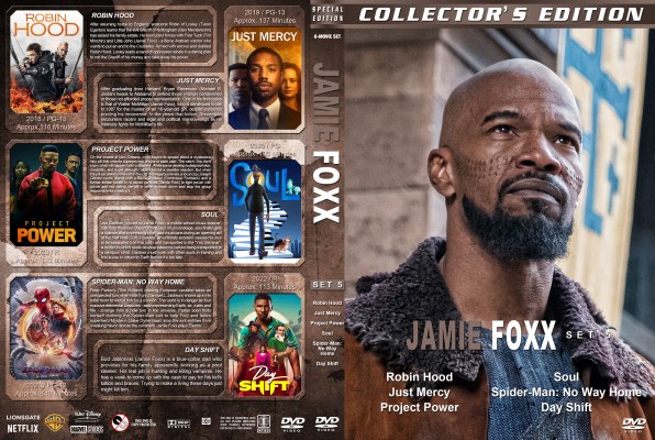 Click to view full size image
==============
Jamie Foxx Collection - Set 5 (2018-2022) Custom DVD Cover
requested by joelazza
R1 space saver cover for the following movies:
Robin Hood
Just Mercy
Project Power
Soul
Spider-Man: No Way Home
Day Shift
Please have the courtesy to leave a comment if you download this - THANKS :)
Jamie Foxx Collection - Set 5 (2018-2022) Custom DVD Cover
requested by joelazza
R1 space saver cover for the following movies:
Robin Hood
Just Mercy
Project Power
Soul
Spider-Man: No Way Home
Day Shift
Please have the courtesy to leave a comment if you download this - THANKS :)